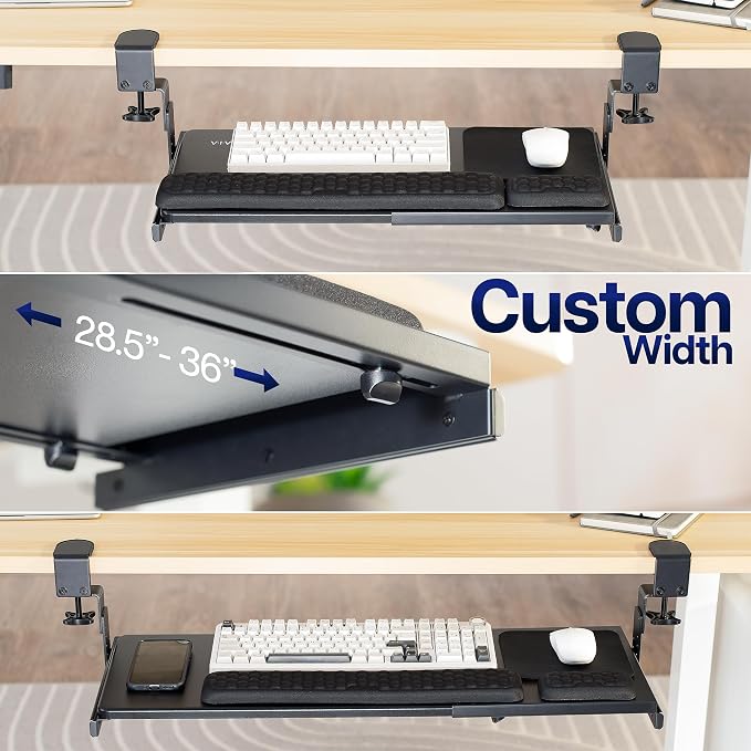 VIVO Large Height and Width Adjustable Under Desk Keyboard Tray, C-clamp Mount System, 22.5” to 30” (28.5” to 36” Including Clamps) x 11 inch Slide-Out Platform for Typing, Black, Mount-KBST1 - Image 3
