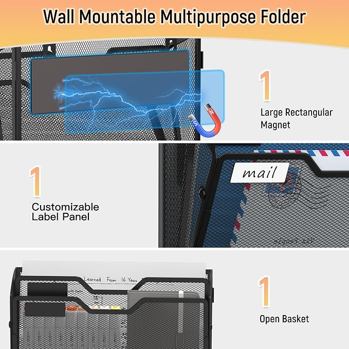 Docnest 3 Pack 2 Tier Dual-Mount Magnetic Mesh File Holders, Wall Organizer | Mount magnets or screws. 2-in-1 hanging mesh mail letter organizer with hooks for office and home clutter - Image 4