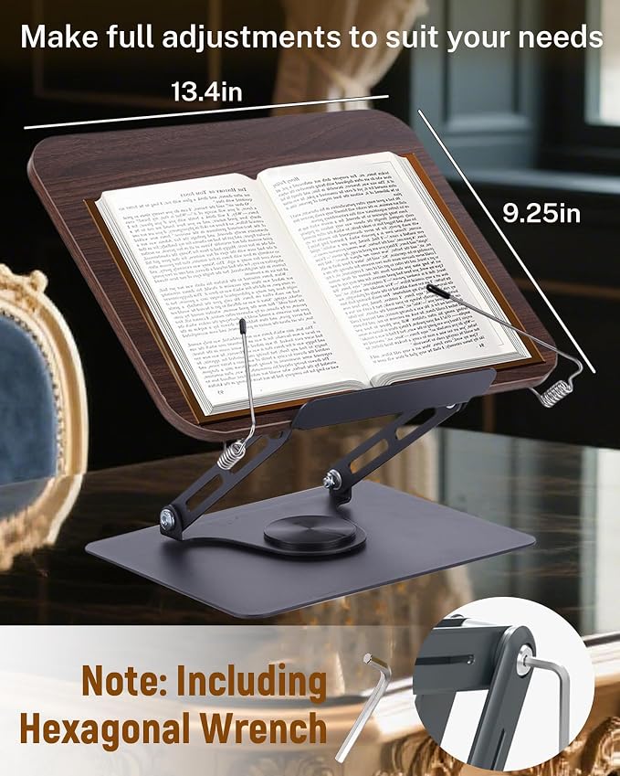 ASIEIT Book Stand for Reading, Adjustable Book Holder with 360° Rotating Bases & Elastic Page Clips, Foldable Bible Stand, Portable Reading Stand for Bible, Recipe, Magazine, Tablets, Laptops, Brown - Image 2