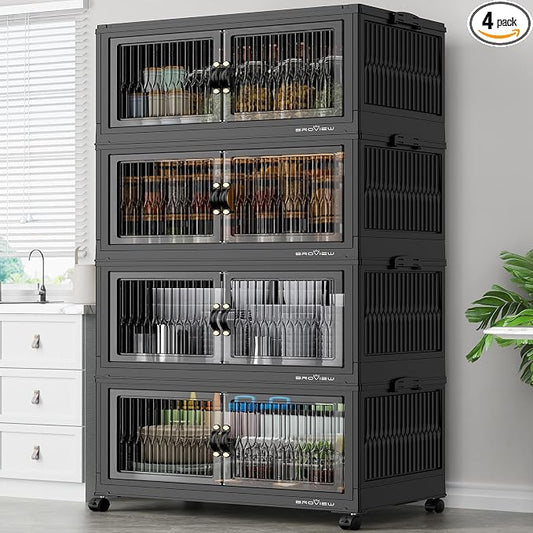BROVIEW 480Qt Stackable Storage Bins with 4 Lids, Extra Large Closet Organizer Collapsible Drawer Boxes with Wheels, Folding Plastic Cabinet Containers for Home Kitchen Room Organization, 4Pack Black by BROVIEW-EnjoytheArtofLife