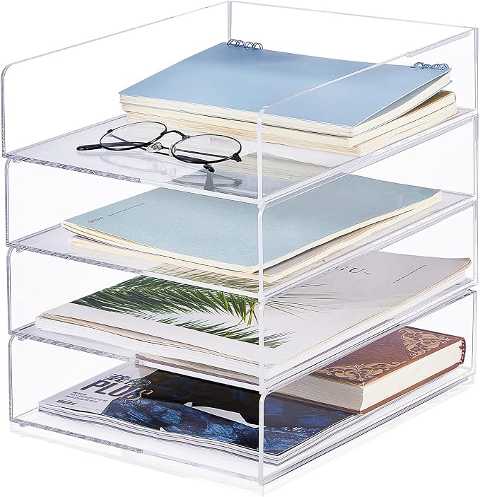 Harloon 4 Tier Paper Organizer Letter Tray Acrylic Desk File Organizer Heavy Duty Stackable Documents Clear Letter Paper Holder Sorter Office Tray for A4, Office Classroom Home File Pad Notebooks by Muasung