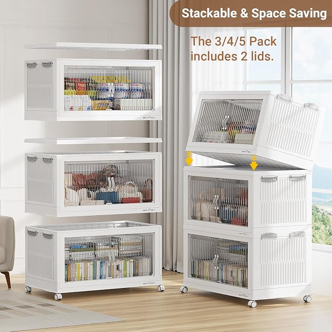 BROVIEW 800Qt Extra Large Stackable Storage Bins with Lids, Closet Organizer Collapsible Drawer Boxes with Wheels, Folding Plastic Cabinet Containers for Home Kitchen Room Organization, 4Pack White - Image 7