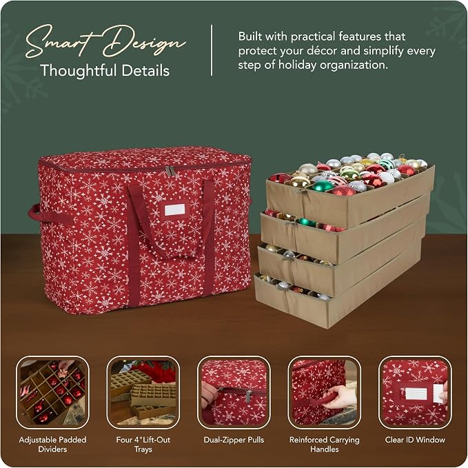 Covermates Keepsakes Adjustable Ornament Storage Bag – Heavy-Duty Polyester, Padded Dividers & FlexGrid Trays – Protective Holiday Ornament Organizer with Handles & Label Window, Red Snowflake - Image 4