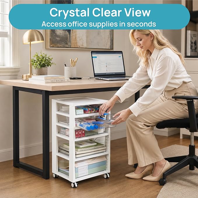 Vtopmart 5-Tier Plastic Drawer Storage Rolling Cart with Wheels | Clear Drawers with Multiple Sizes Keep Supplies visible. Sturdy for Under Desk, Office, Makeup , Crafts & Art Storage - Image 5