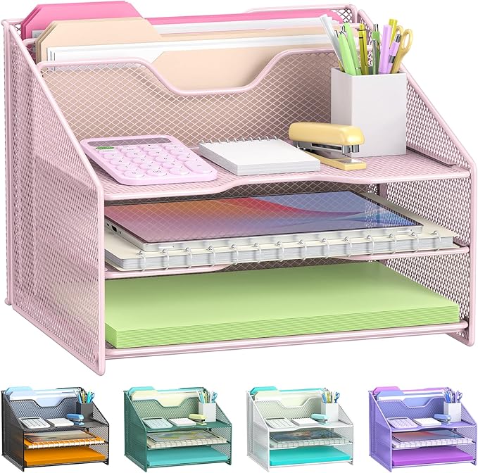Samstar Pink Desk File Organizer, Mesh Letter File Folder Holder with 3 Paper Trays and 2 Vertical Upright Section, for Office Supplies, Desk Accessories & Workspace, Pink by Samstar