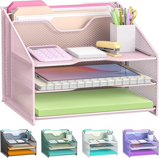 Samstar Pink Desk File Organizer, Mesh Letter File Folder Holder with 3 Paper Trays and 2 Vertical Upright Section, for Office Supplies, Desk Accessories & Workspace, Pink by Samstar