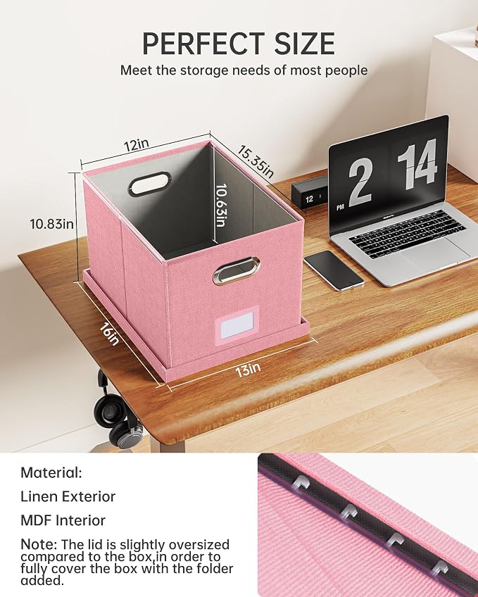 File Organizer, File Box, File Cabinet for Letter File Folder Storage, Portable Storage Bins with Lids for Office/Decor/Home, 1 Pack, New-pink-Box only - Image 3