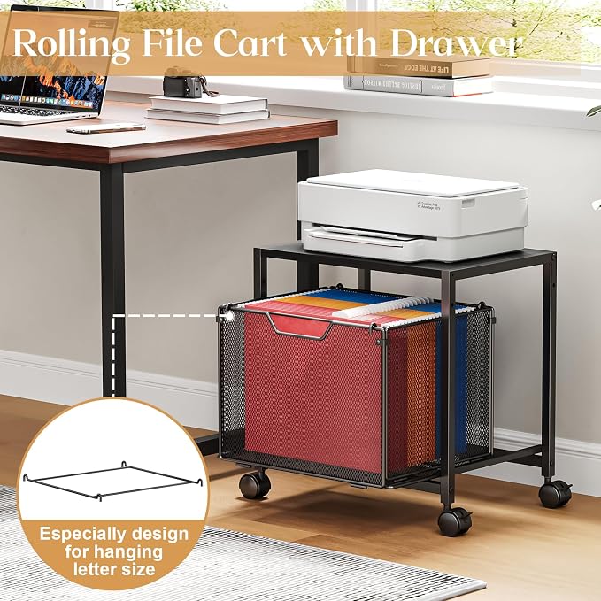 JKsmart Under Desk Storage, Printer Stand with Drawer, Rolling File Cabinet with Adjustable Table Top, 2 Tier Industrial Shelf on Fixed Feet Wheels, Sofa Side Table Organizer for Home, Office, Black - Image 4
