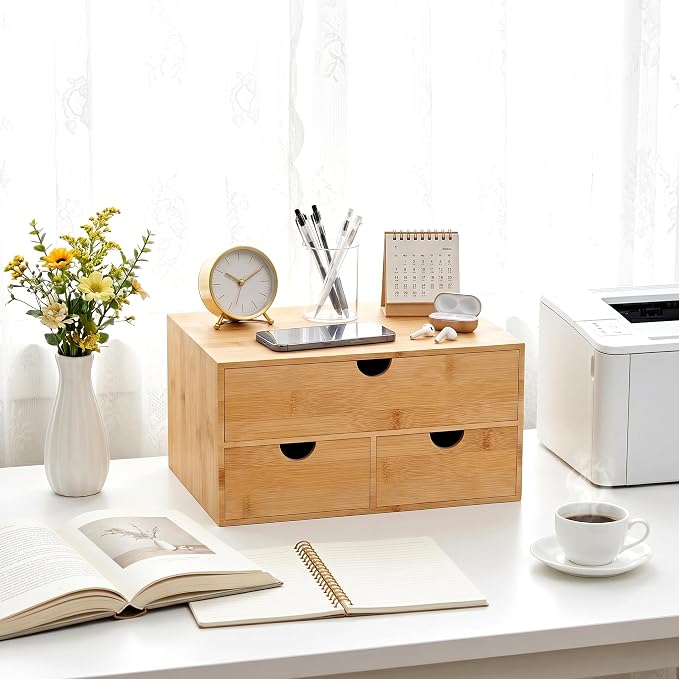Bamboo Desk Organizer with Drawers, Desktop Storage for Office Supplies | 3 Drawers Desktop organizer, No Assembly Required, Natural Wood Wooden Desktop Drawers Box for Bills, Cosmetics, Seals, Paper - Image 2