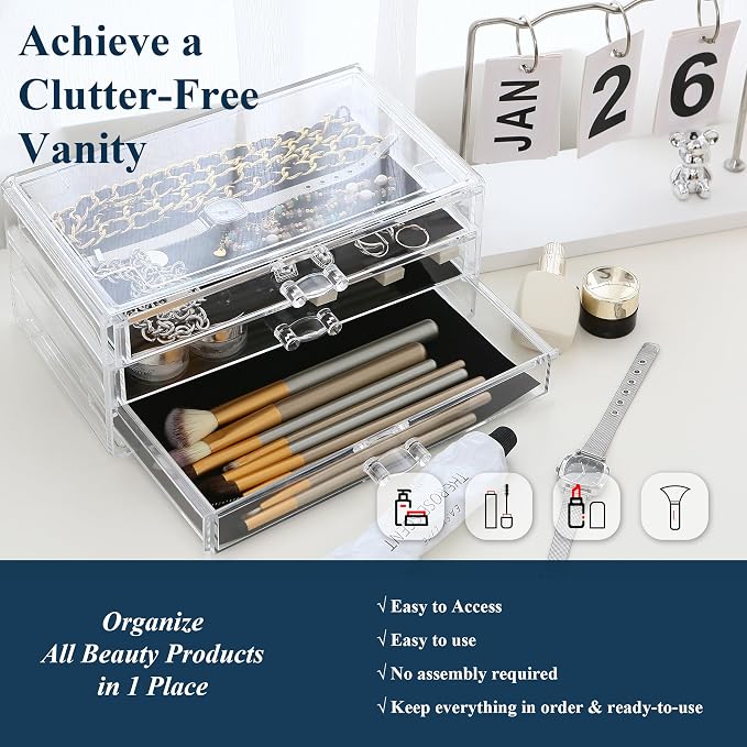 Sea Team Stackable Clear Acrylic Makeup Organizer with Drawers for Vanity | Multi-Purpose Cosmetic Display Case, Jewelry Storage Box with 3 Middle Drawers, Ideal for Dresser, Bathroom, Countertop - Image 3