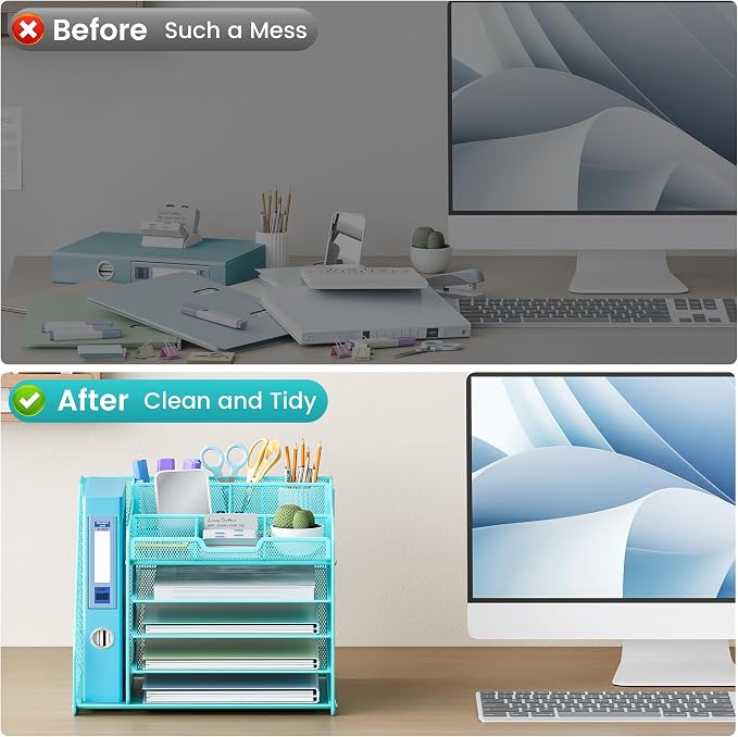 Lavatino 5-Tier Metal Mesh Desk Organizer with File Holder & 7 Customizable Compartments | Paper Letter Tray for Office or Home Desk Storage | Keep Workspace Supplies Neat & Organized, Blue - Image 3
