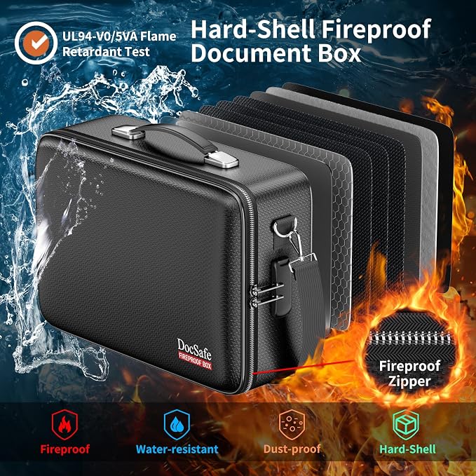 DocSafe Fireproof Document Box with Lock＆Shoulder Strap, Hard-Shell Case File Organizer with Accordion File Folder, Multi-Layer Portable Home Office Travel Safe Storage for Important Documents Laptop - Image 2