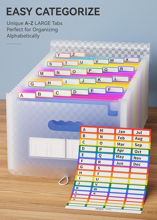 ABC life 26 Pockets Accordion File Organizer, Expanding File Folder, Blue | Portable Monthly Paper Bill Tax Receipt Organizer, Letter A4 Size Document Organizer with Labels, for School, Office, Home - Image 4