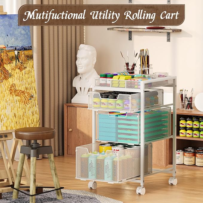 Rolling Utility Cart with 3 Drawers, Craft Organizer and Storage with DIY Divider, Lockable Wheels, Multi-Functional Storage for Art Supplies, Store for Brushes & Paints & Artifacts,White - Image 2