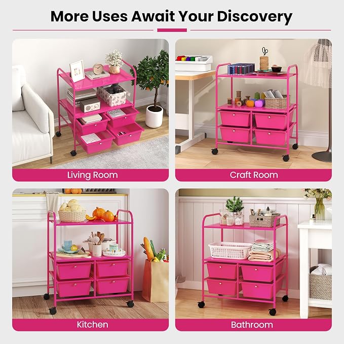Moccha Rolling Storage Cart with 4 Drawers - Storage Drawers Organizer with wheels for Craft Art Supply Paper Salon, Scrapbook Paper Tools, Movable Utility Cart for Classroom School Studio, Hot Pink - Image 7