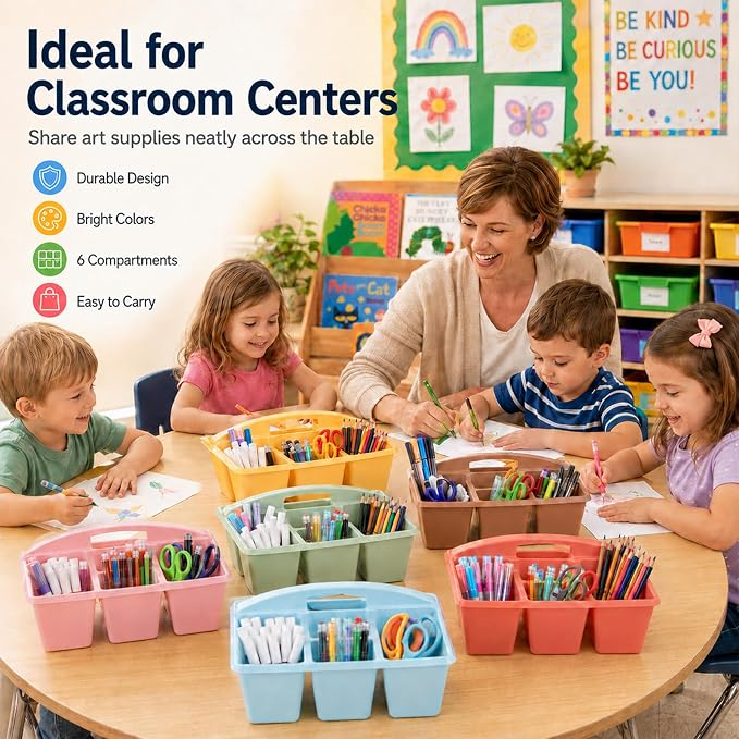 6 Pack Assorted Colors 6 Compartment Classroom Caddy with Handle Portable Plastic Storage Classroom Caddies Organizer for Classrooms Supply Teacher Office Table Desk(Groovy) - Image 6