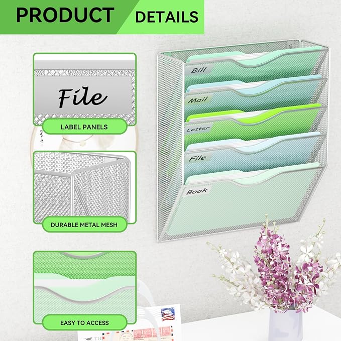 5 Pockets Hanging Wall File Organizer Mail Holder, Wall Mounted Paper Document Folder Holder, Clipboard Storage Organization Magazine Rack, Silver - Image 4