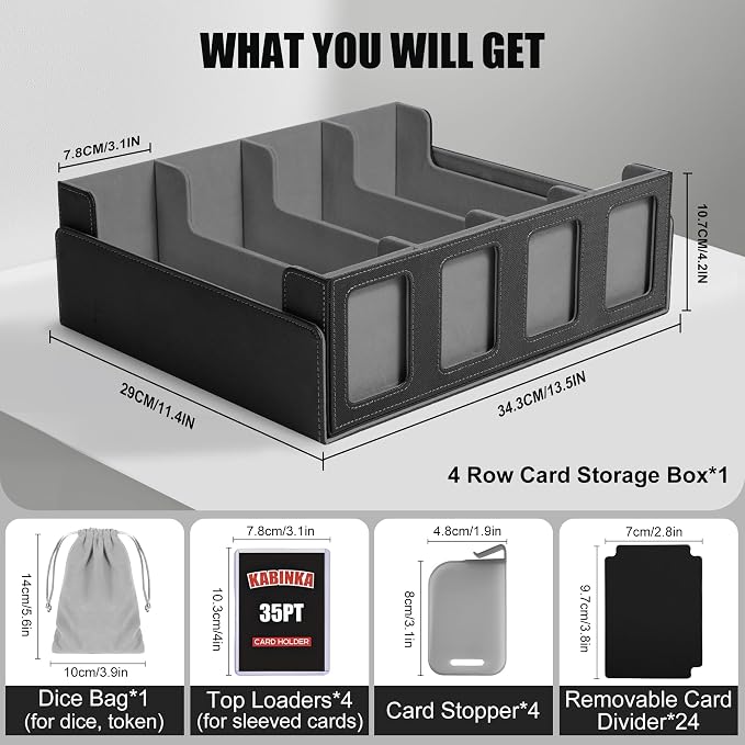 Kabinka Trading Card Storage Box with Commander Display, 4-Row Deck Case with Removable Lid; 2400+ Card Deck Box for MTG TCG Sports Card, 4 Top Loaders, 4 Stoppers, 24 Dividers,1 Dice Bag (Black) - Image 3