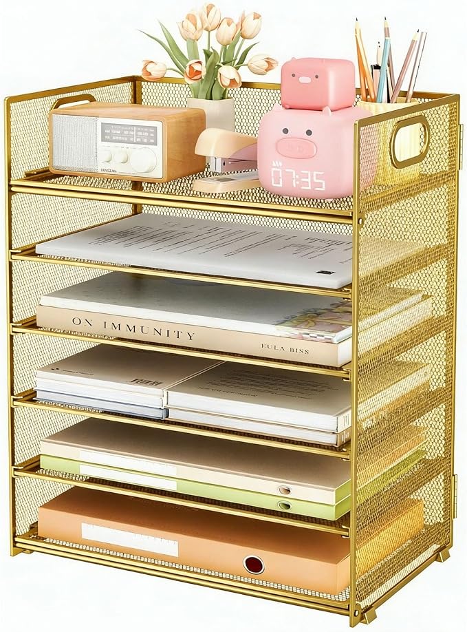 6 Trays Paper Organizer with Handle - Mesh Desk File/Letter Paper Sorter Organizer for Office, Home or School (Gold) by SUBEKYU