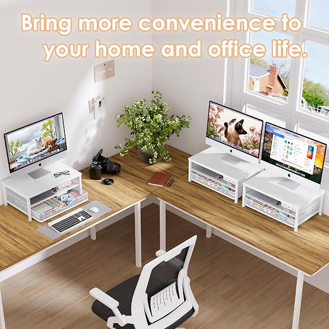 Computer Monitor Stand Riser, Desk Organizer with Drawer, Printer & Laptop Stand, Office Desk Accessories & Workspace Desktop Organizers Storage for Office Supplies(White) - Image 4