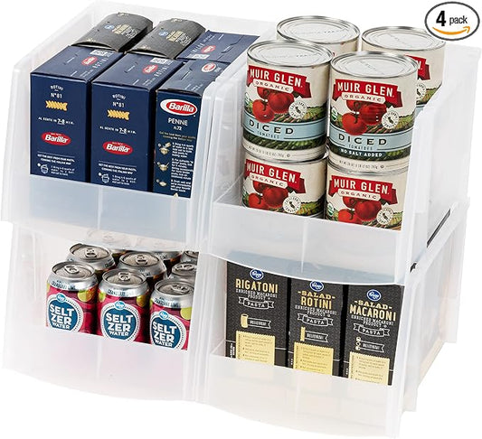 IRIS USA 4-Pack, X Large Plastic Stackable Storage Bin Organizer, Clear | Store snacks, cans, coffee pods, and household essentials with clear visibility and open access by IRISUSA