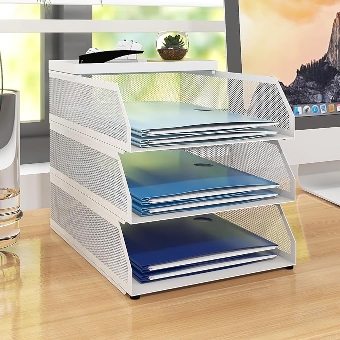 Natwind 3-Tier Stackable Metal Mesh Desk Paper Tray Organizer, White | Desktop Accessories for Office Supplies, Letter Tray For Paper Storage ,File Document Holder For Home School Classroom by Natwind