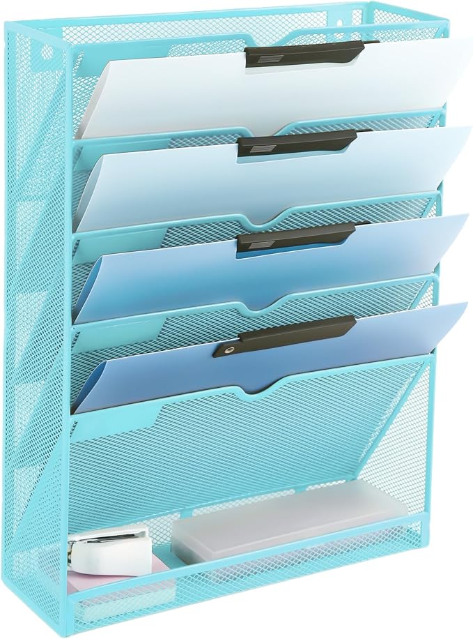 6 Tier Mesh Hanging Wall File Organizer, Desk Vertical Mail Paper Document Folder Holder Rack with Bottom Tray and Nametag Label for Office Home School, Blue by EASEPRES