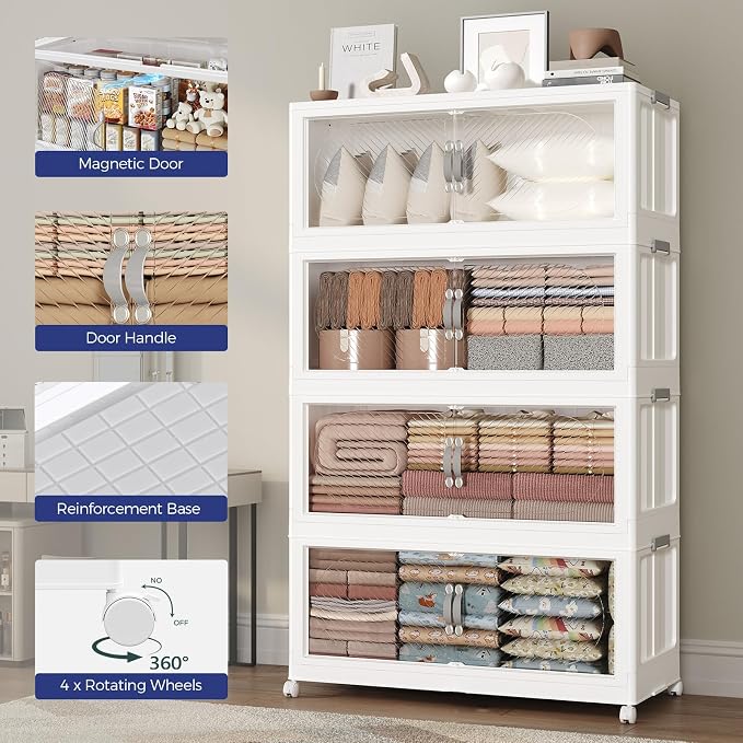 720QT Extra Large Stackable Storage Bins with Lid, 180Gal Plastic Closet Organizers and Storage Drawer, Collapsible Cabinet Box with Wheels Clear Doors for Home Kitchen Garage, 6Pack White - Image 7