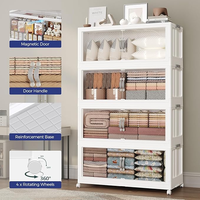 360QT Extra Large Stackable Storage Bins with Lid, 90Gal Plastic Closet Organizers and Storage Drawer, Collapsible Cabinet Box with Wheels Clear Doors for Home Kitchen Garage, 3Pack White - Image 6
