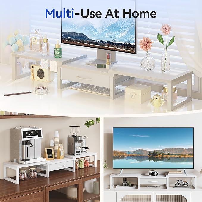 Dual Monitor Stand Riser, Desk Organizers and Accessories with Drawer, Computer Monitor Stands for Desk, Adjustable Desktop Shelf for PC Laptop Printer TV, White - Image 6