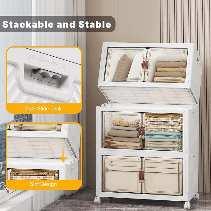 Stackable Storage Bins, 336QT Collapsible Drawers with 1 Lid | Large Capacity, Magnetic Door, Stack Lock, Rolling Wheels, Foldable Design, Organizers and Storage for Bedroom Dorm Garage - Image 4