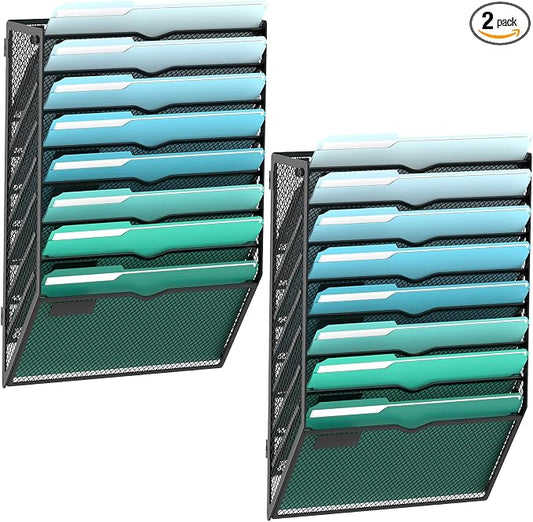8-Tier Wall File Organizer, Wall Mounted Mail Sorter, 2 Pack | Metal Mesh Hanging File Organizer with Open Compartments and Label Panels for Papers and Folders at Home, Office or School by SUPEASY