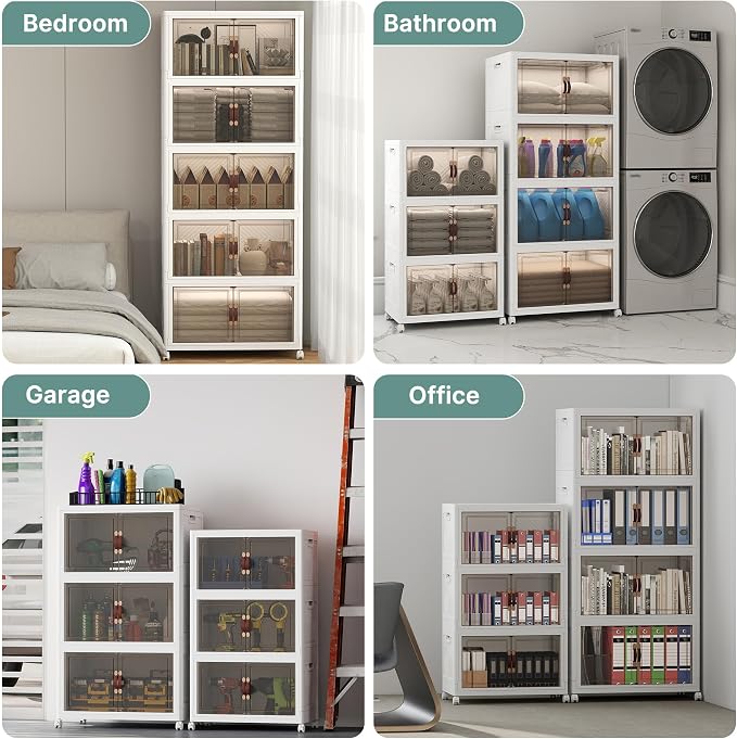 560QT Lockable Storage Bins with Lids - Stackable Storage Cabinet with Doors and Wheels, Collapsible Plastic Organizer and Containers for Bedroom Dorm Office Garage, 5 Pack Cubes - Image 9