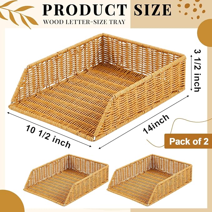 Yeaqee 2 Pcs Paper Tray Organizer for Desk Woven Letter File Organizer A4 File Tray Desk Paper Basket Letter Size Imitation Rattan Holder Organization Rack for Office Storage(Brown,Sleek Style) - Image 2