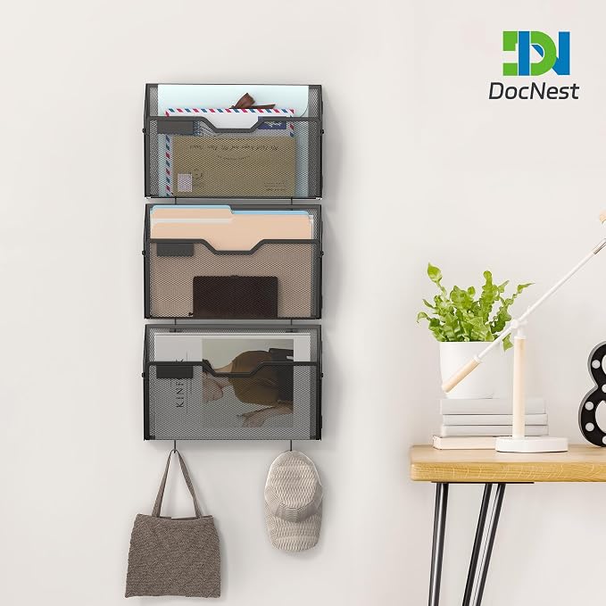 Docnest 6 Pack Mesh Wall File Holders with Hooks for Mail, Black | Space-saving vertical design with utility hooks. Ideal paper document organizer for office, home, and school - Image 5