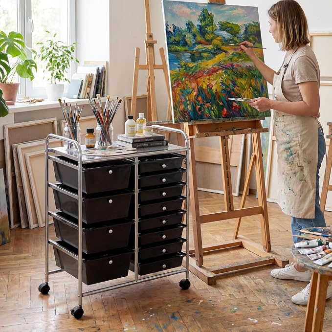 COSTWAY 12 Drawer Rolling Storage Cart, Utility Cart with Metal Frame | Mobile Art Supply Craft Organizer, Multipurpose Storage Organizer for Paper, Office, School Teacher, Classroom, Black - Image 2