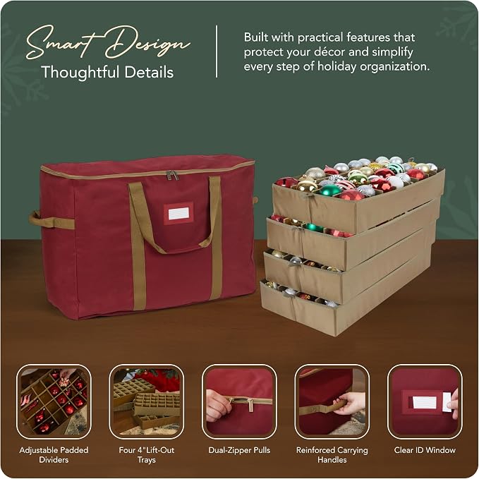 Covermates Keepsakes Adjustable Ornament Storage Bag – Heavy-Duty Polyester, Padded Dividers & FlexGrid Trays – Protective Holiday Ornament Organizer with Handles & Label Window, Red - Image 4