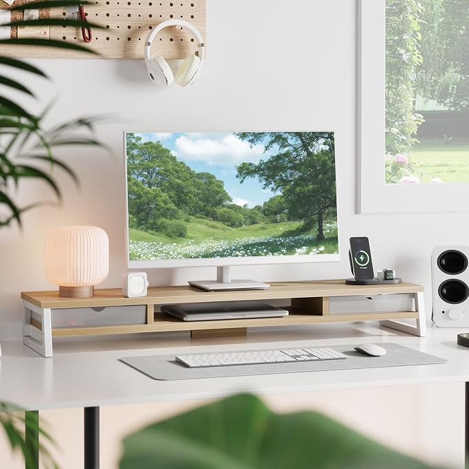 Fenge Dual Monitor Stand Riser, 42.5in Desk Shelf with 2 Drawers, Oak | 2-Tier Monitor Shelf for Desk, Storage Drawer with Stopper, Frosted, fit Home Office, Ultrawide Screen, PC, Laptop, TV - Image 2