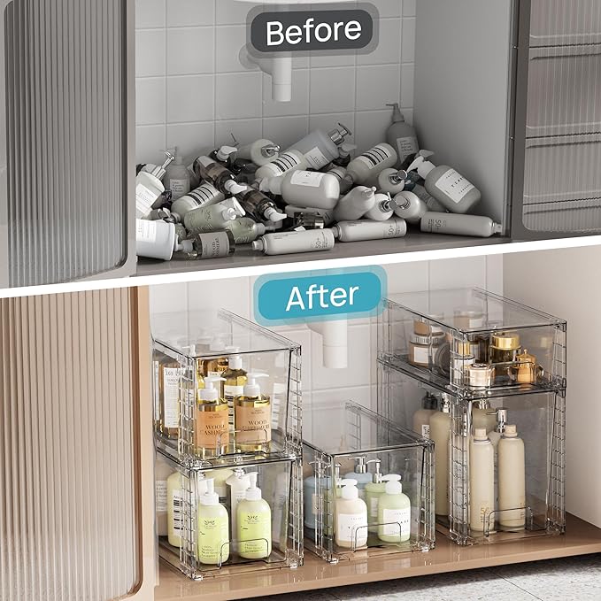 Vtopmart 3 Pack Clear Stackable Storage Drawers,Easy to Assemble Bathroom Organizers and Storage with handles,Plastic Drawers for Kitchen Pantry,Cabinet,Under Sink Organization | Tall, Medium and Small Pull-Out PET Drawers with Stackable Design for Bat... - Image 5
