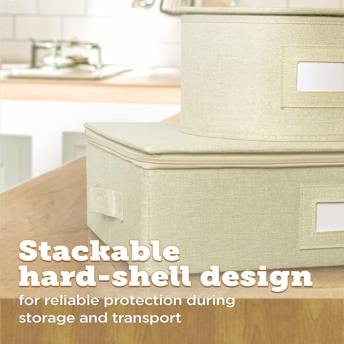 Cup & Mug Storage Case | Hard Shell Felt Dividers | Cream | Hard Shell Case Holds 12 Cups Or Mugs In 4x4 Felt Compartments. Stackable, Top-Load, Dual Handles. Cream Linen Finish. - Image 4