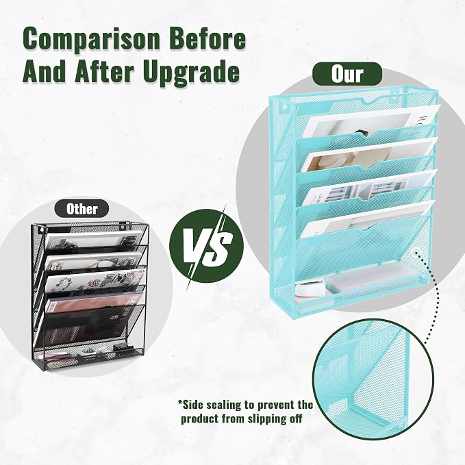 6 Tier Mesh Hanging Wall File Organizer, Desk Vertical Mail Paper Document Folder Holder Rack with Bottom Tray and Nametag Label for Office Home School, Blue - Image 3