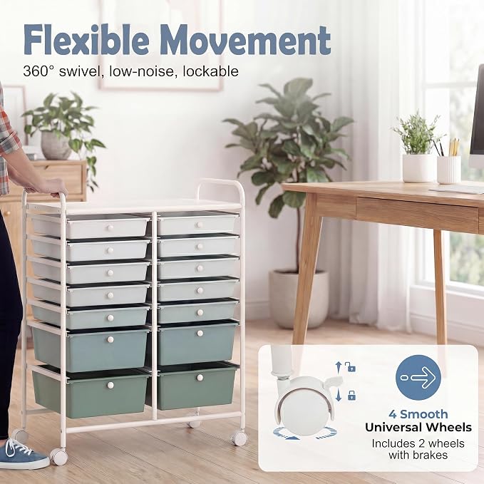 GOFLAME 12-Drawer Rolling Storage Cart, Multipurpose Organizer with 2 Sizes Plastic Drawers, Mobile Utility Cart with Lockable Casters for Home, Office, Beauty Salon, School, Green Gradient - Image 5