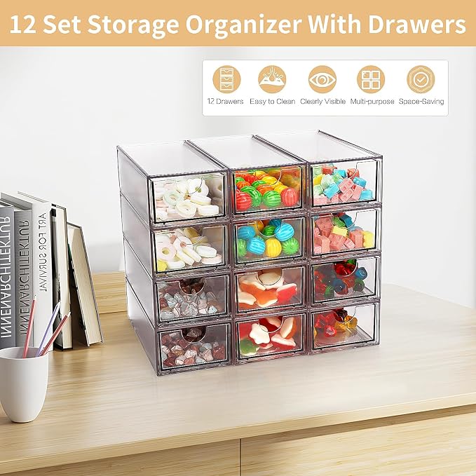Desk Organizer with Drawers, Stackable Plastic Storage Drawers for Makeup or Desk Organization, Cabinets for Office Dressing Countertop Bathroom Bedroom (12 Packs) - Image 4