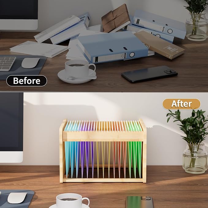 Bamboo Hanging File Organizer, Desktop File Box, Open Top, 1 Pack, Natural | Open-Top Access, 2 Hanging Folders Included, Letter & Legal Files, Sliding Rails, Reinforced Handles, Easy Assembly - Image 3