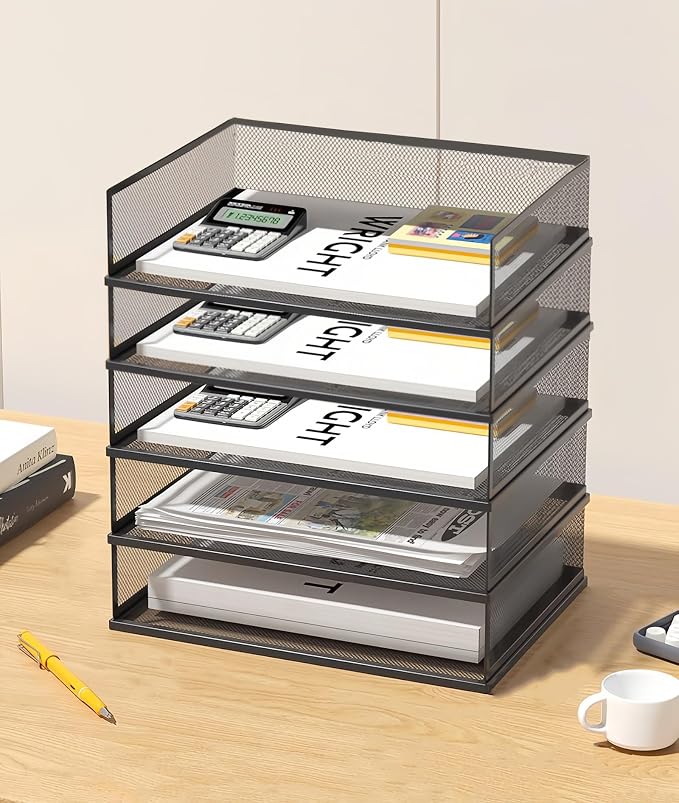 A3 Mesh Desk File Organizer, Stackable Paper Tray，Desktop Document Sorter, File Storage, 3/4/5-Tier Paper Letter Tray Organizer, Desk Accessories & Workspace, Black (5 Tier-Landscape-Black) by wen-liz-US