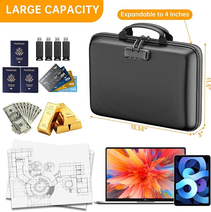 DocSafe Fireproof File Organizer with Lock, Hard-Shell Case Fireproof Document Box with 13 Pocket Accordion File Folder, Portable Home Office Travel Safe Storage for Important Documents Laptop Black - Image 4