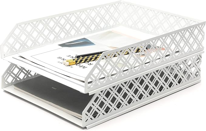 Exerz Letter Trays 2pcs Stackable Paper Sorter/Desk Organiser/File Tray for Desk - Wire Mesh Metal File Rack - Office, School, Home Study (White) by Exerz