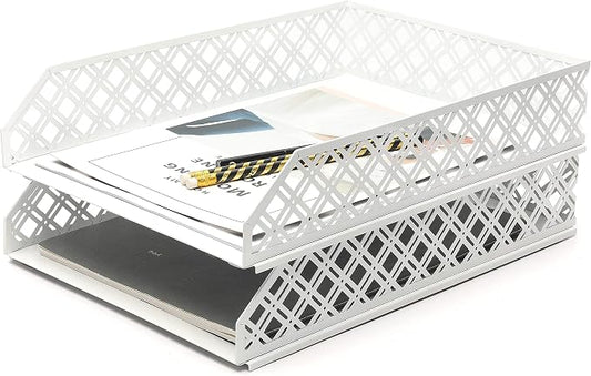 Exerz Letter Trays 2pcs Stackable Paper Sorter/Desk Organiser/File Tray for Desk - Wire Mesh Metal File Rack - Office, School, Home Study (White) by Exerz