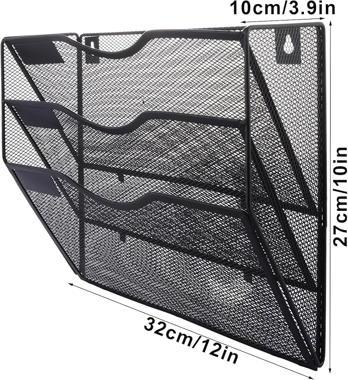 ASelected 3 Tier Wall File Holder Organiser,Paper Magazine Storage Rack Holde, Mesh Wall Mounted Holder Metal Hanging Wall Files Mail Document Holder for Office and home, Black - Image 2