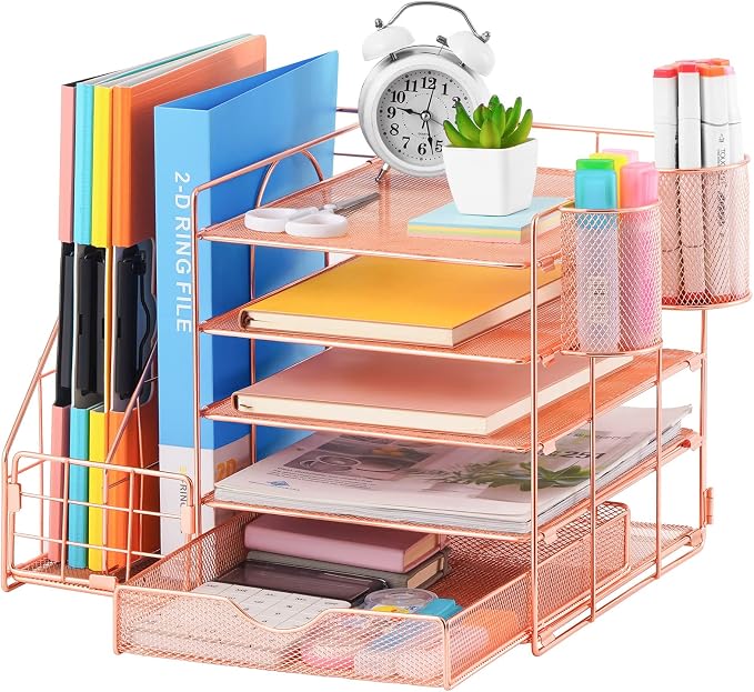 Marbrasse Rose Gold Desk Organizer with File Holder, 5-Tier Paper Letter Tray Organizer and Drawer, Mesh Desktop Storage with Magazine Holder for Office Supplies by Marbrasse